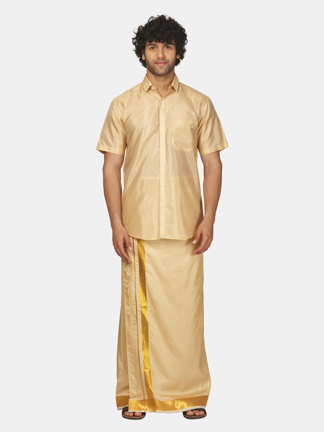 Men Artsilk Half Sleeve Shirt and Readymade Pocket Dhoti Matching Set