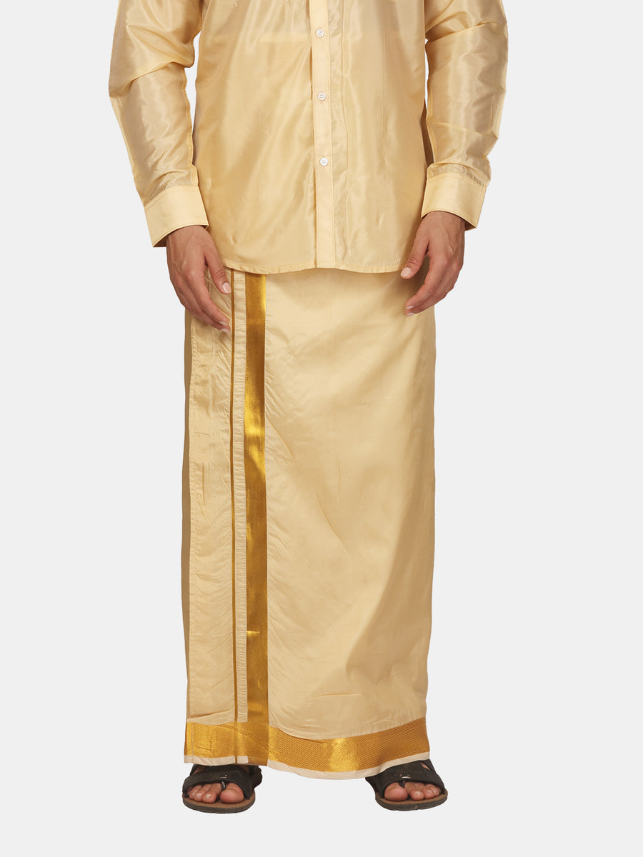 Men Artsilk Gold Zari Border Ready to Wear Pocket Dhoti