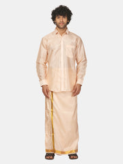 Men Solid Colour Zari Border Pocket Dhoti and Angavastram Set