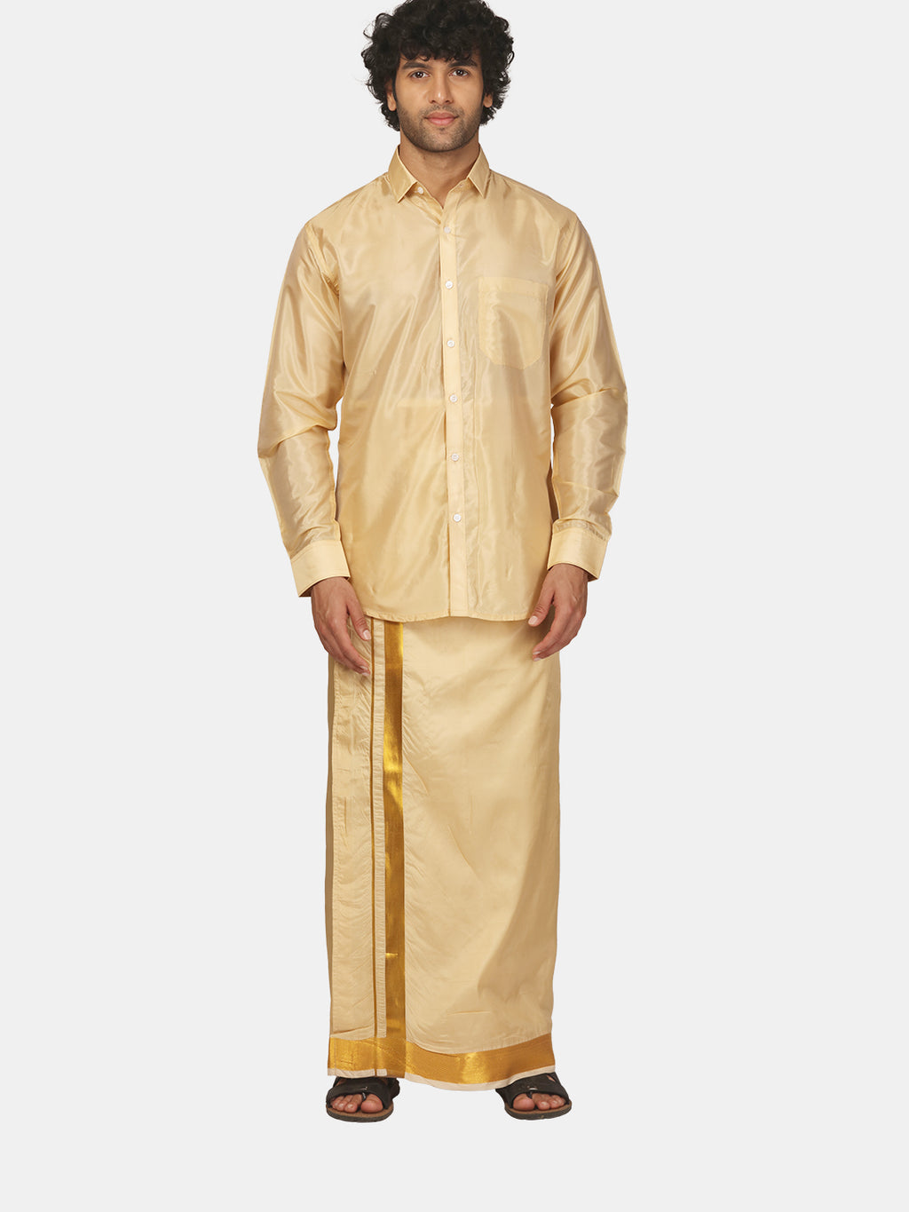 SUGANYA FASHION Traditional Combo Of Art Silk Shirt and Dothi and Towel set  | Gold Color | Shirt Size : 38