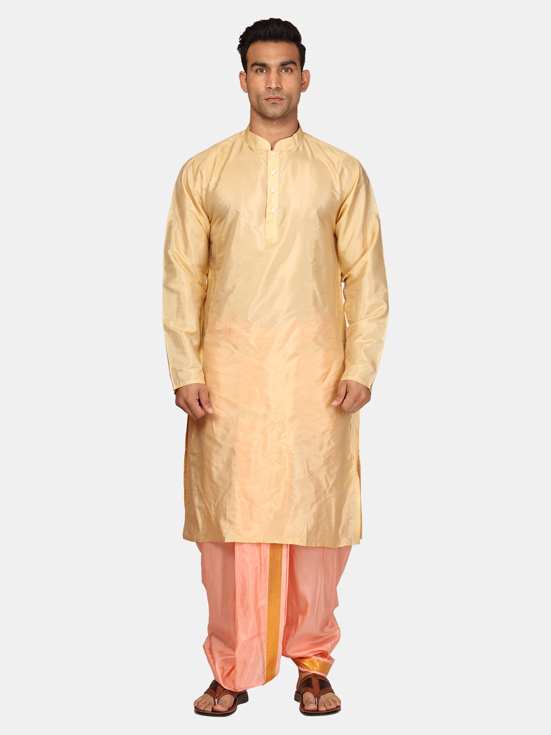 Men Artsilk Solid Colour Kurta and Dhoti Pant with Angavastram Set