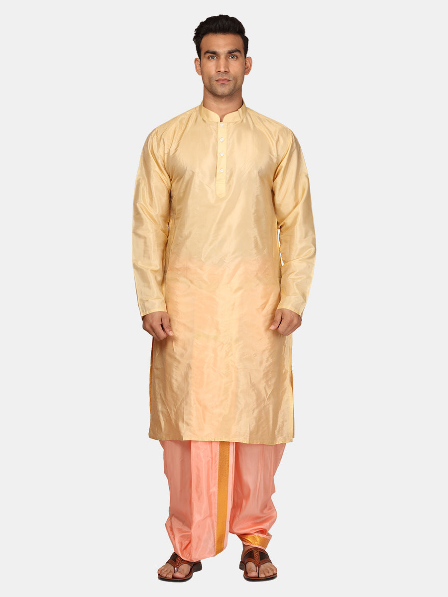 Men Artsilk Solid Colour Kurta and Dhoti Pant with Angavastram Set