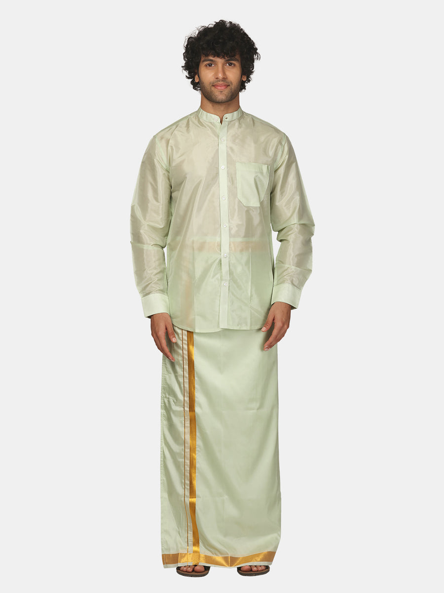 Men Artsilk Mandarin Collar Shirt and Readymade Dhoti Set