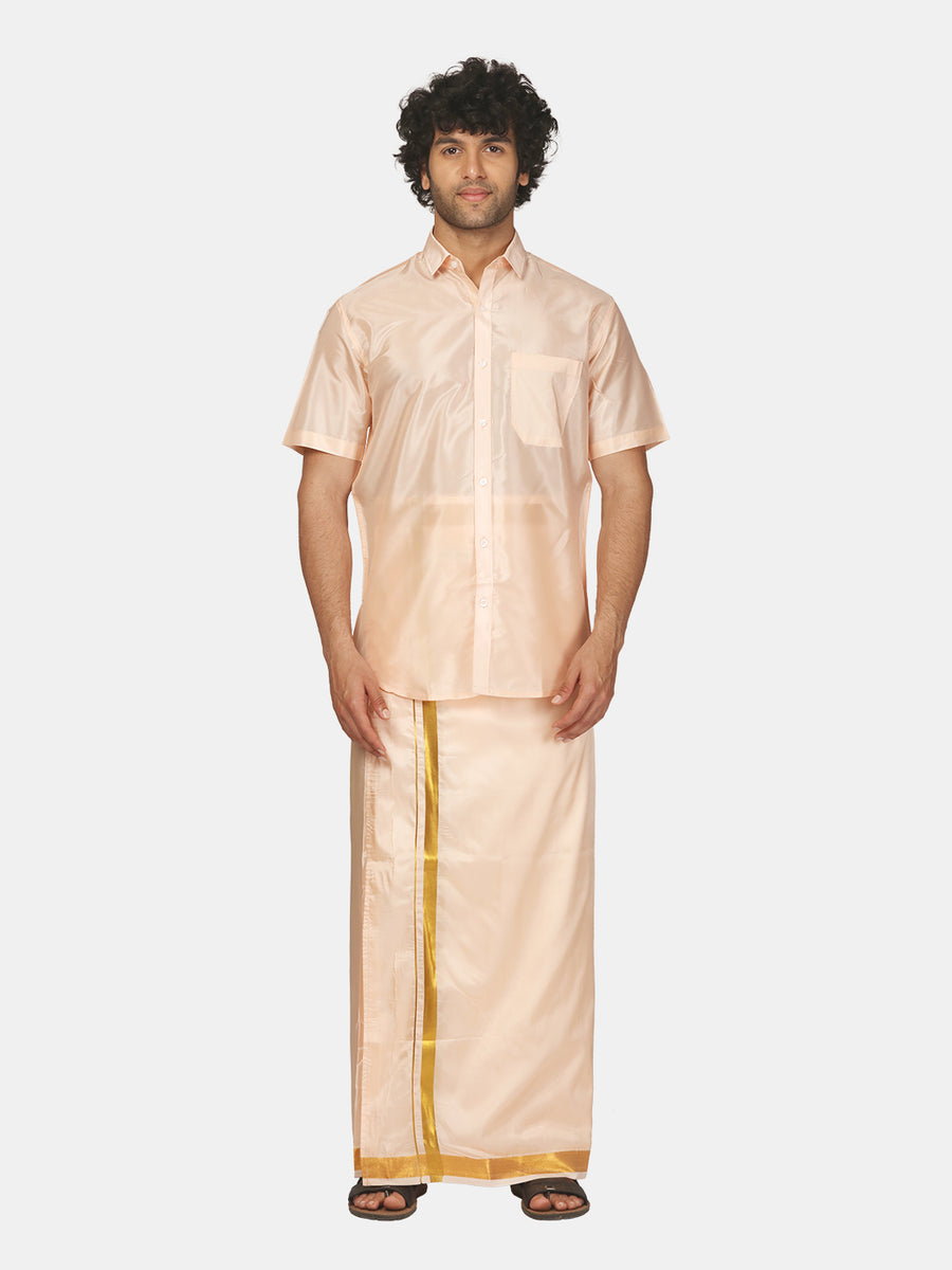 Men Artsilk Half Sleeve Shirt and Ready to Wear Pocket Dhoti Matching Set