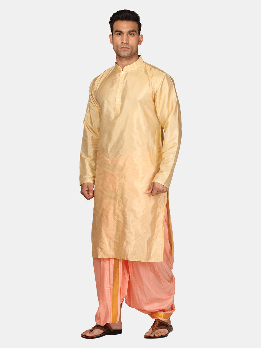 Men Artsilk Solid Colour Kurta and Dhoti Pant with Angavastram Set