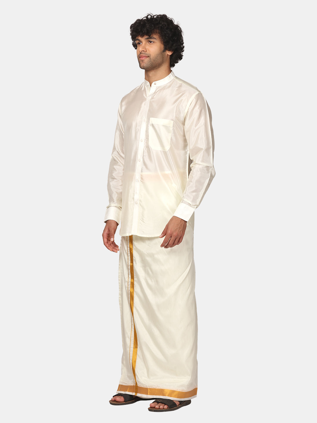 Men Artsilk Mandarin Collar Shirt and Readymade Dhoti Set