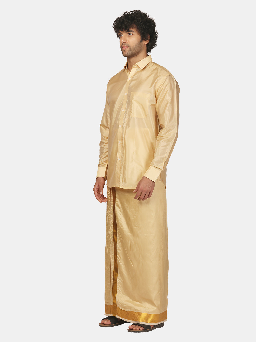 Men Solid Colour Artsilk Full Sleeve Shirt Dhoti Set