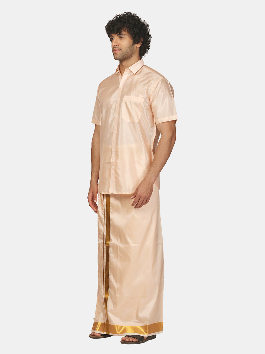 Men Half Sleeve Artsilk Shirt Dhoti Angavastram Set