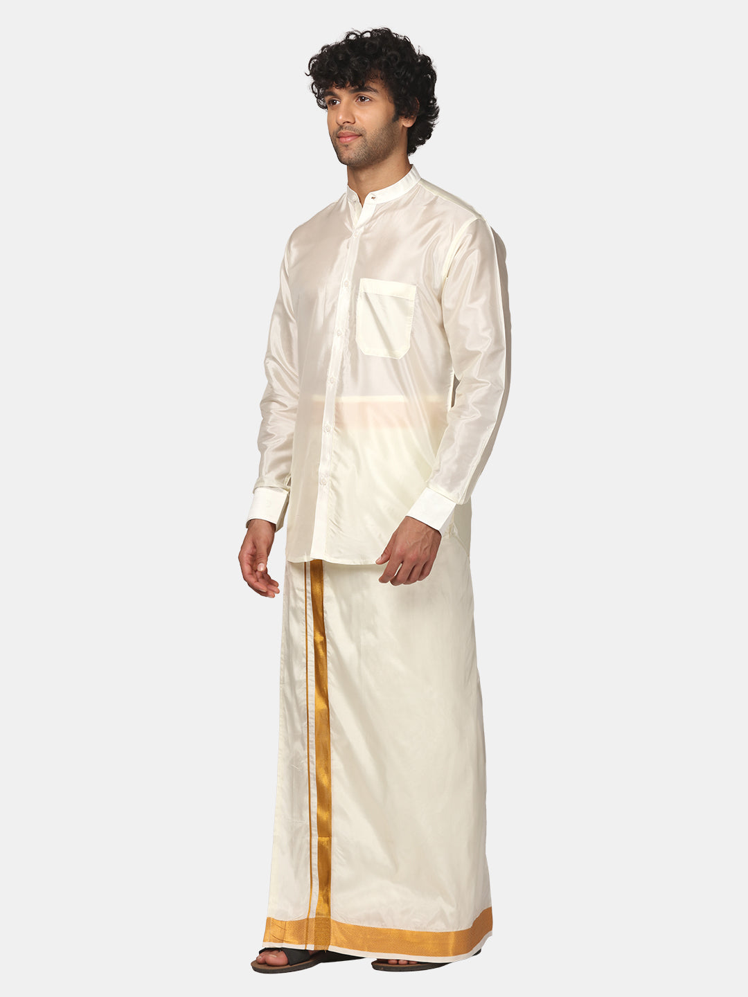 Men Artsilk Chinese Collar Shirt and Readymade Dhoti Set