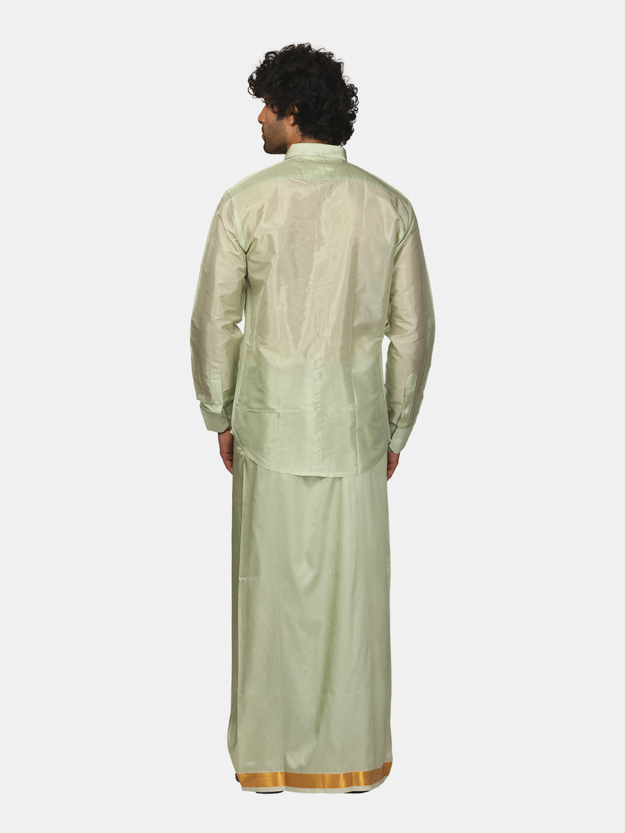 Mens Art Silk Full Sleeve Shirt with Pocket Dhoti and Angavastram Set