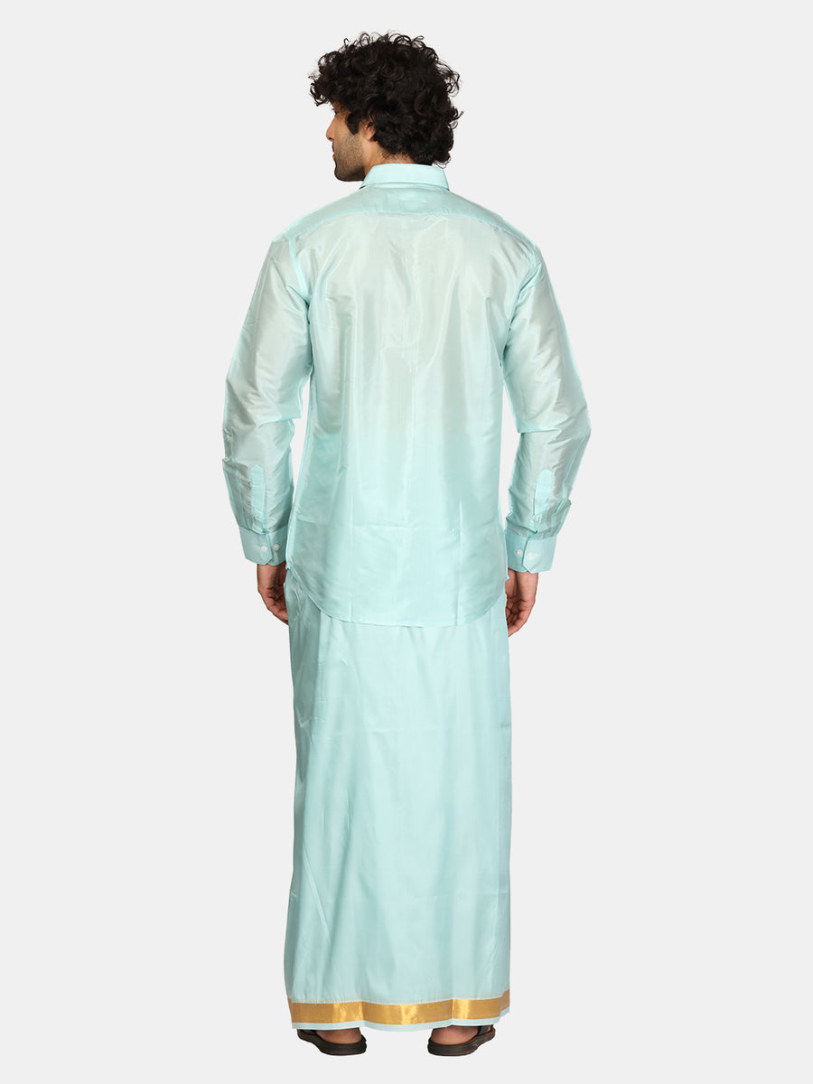 Men Solid Colour Zari Border Readymade Dhoti and Angavastram Set