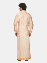 Men Solid Colour Zari Border Pocket Dhoti and Angavastram Set