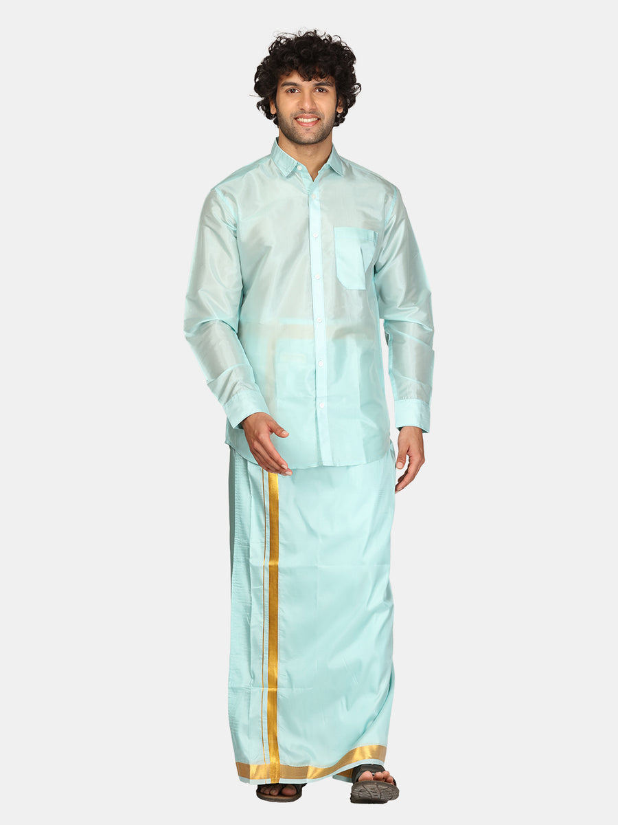 Men Solid Colour Full Sleeve Shirt Pocket Dhoti Set