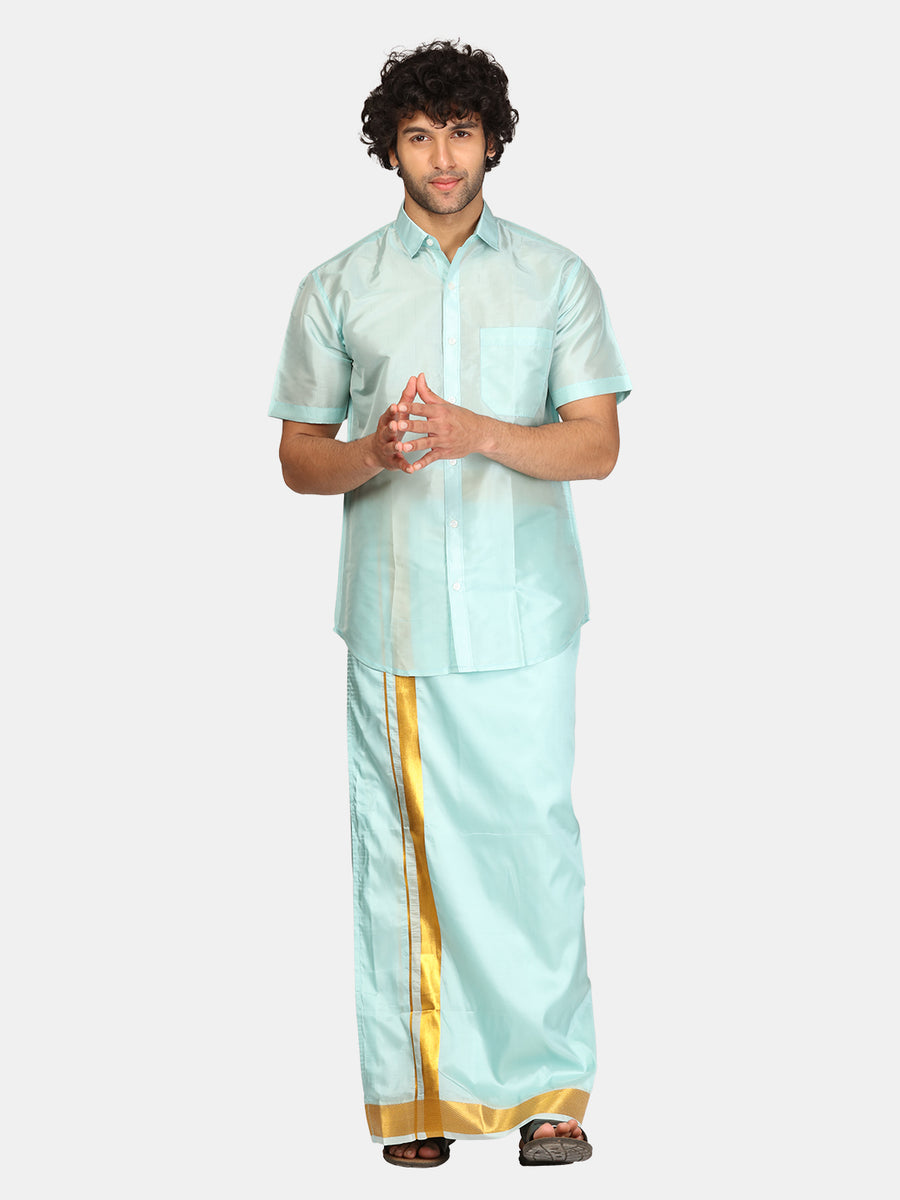 Men Artsilk Half Sleeve Shirt and Readymade Pocket Dhoti Matching Set
