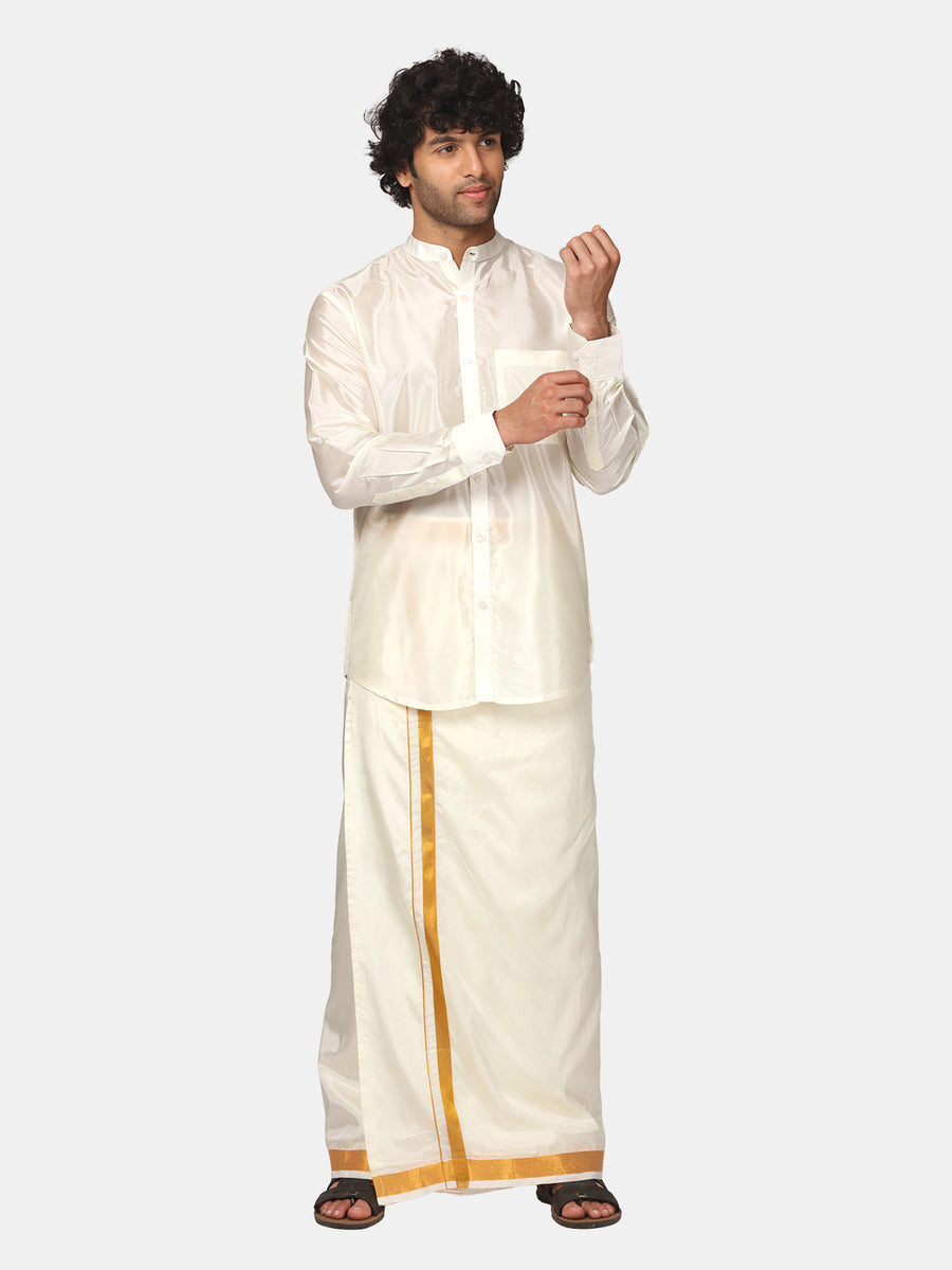 Men Artsilk Mandarin Collar Shirt and Readymade Dhoti Set