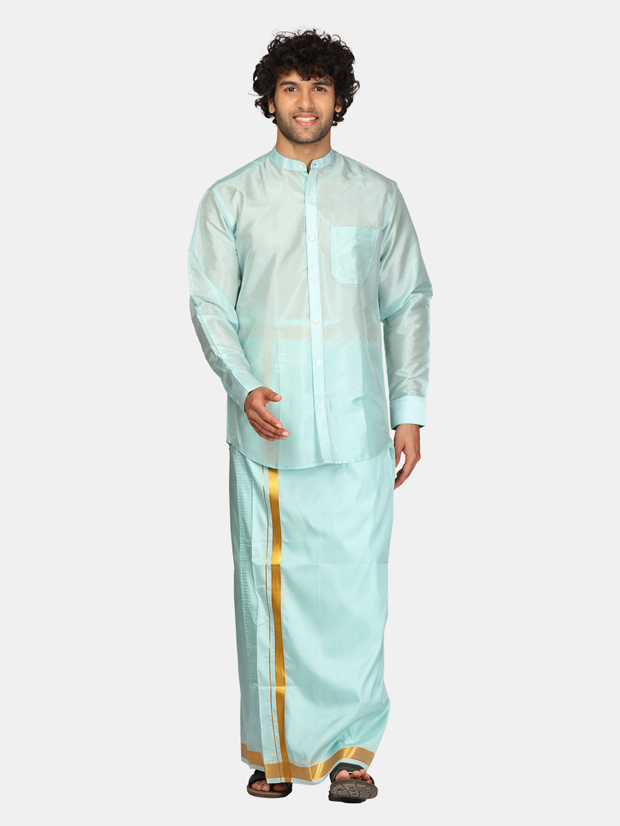 Men Artsilk Mandarin Collar Shirt and Readymade Dhoti Set