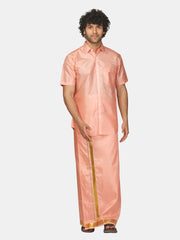 Men Artsilk Half Sleeve Shirt and Ready to Wear Pocket Dhoti Matching Set