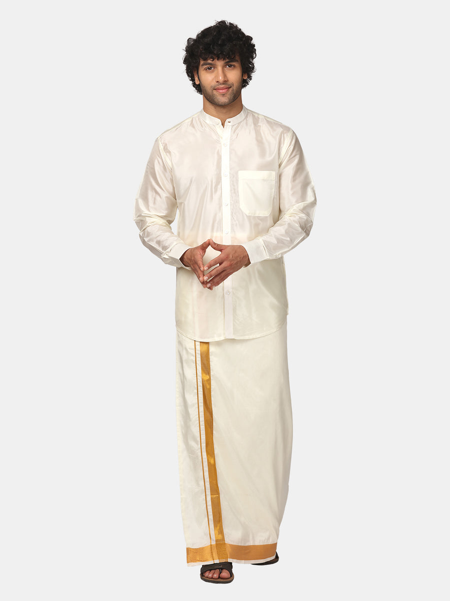 Men Artsilk Chinese Collar Shirt and Readymade Dhoti Set