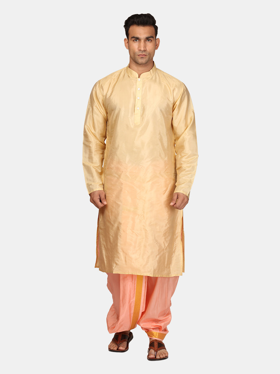 Men Artsilk Solid Colour Kurta and Dhoti Pant with Angavastram Set