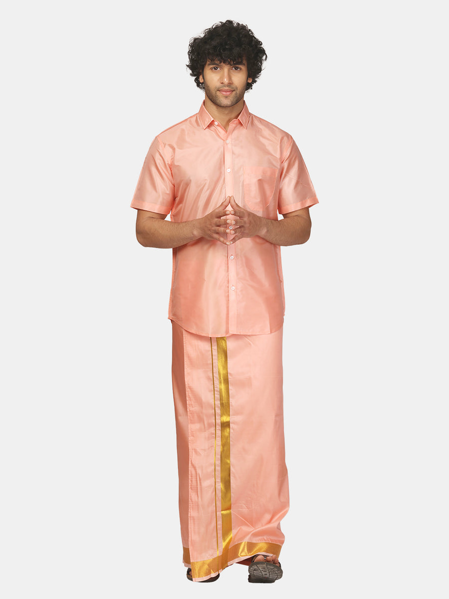 Men Artsilk Half Sleeve Shirt and Readymade Pocket Dhoti Matching Set