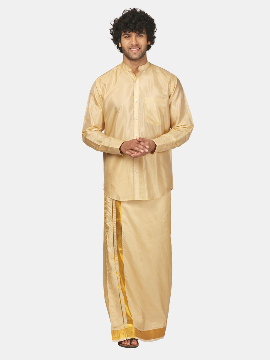 Men Artsilk Chinese Collar Shirt and Readymade Dhoti Set