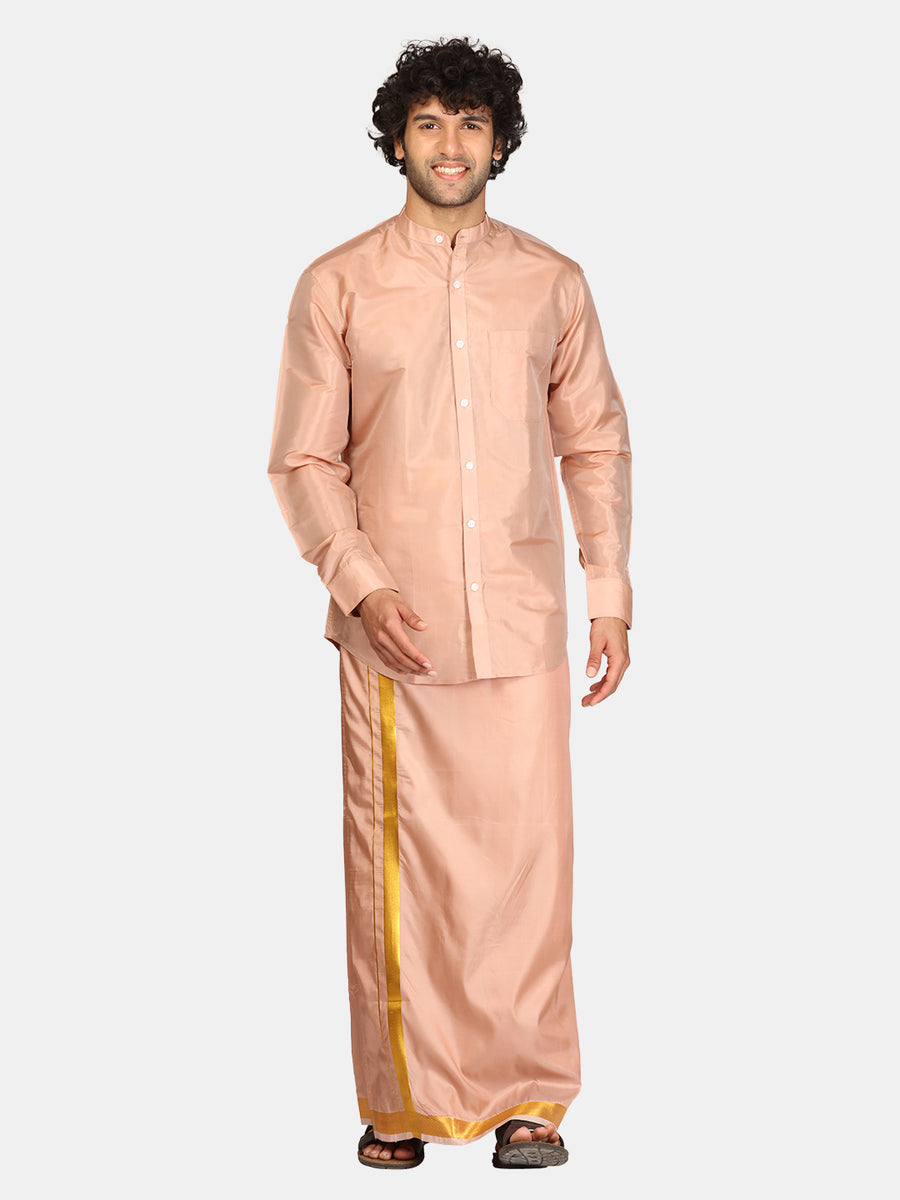 Men Artsilk Mandarin Collar Shirt and Readymade Dhoti Set