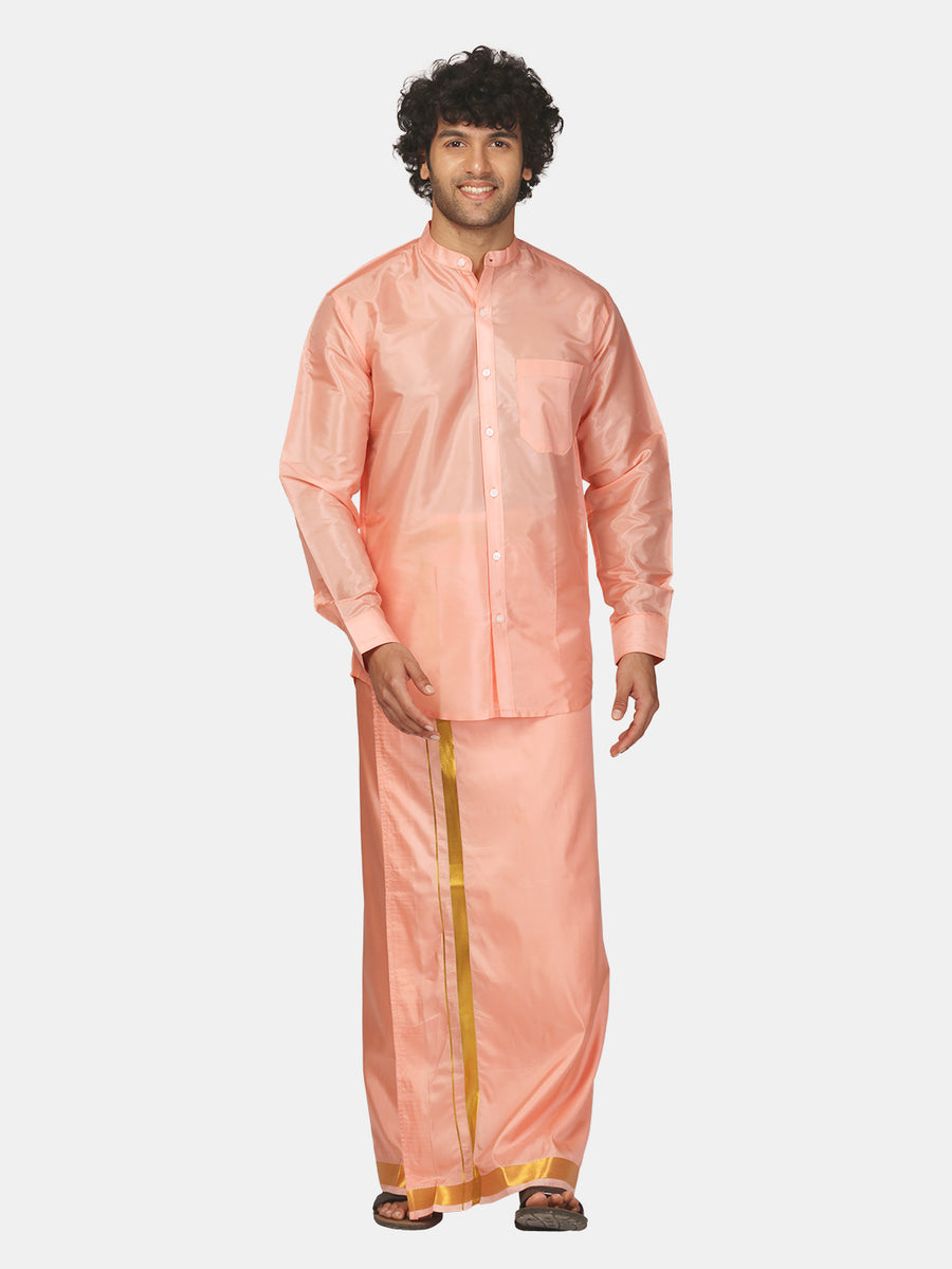 Men Artsilk Mandarin Collar Shirt and Readymade Dhoti Set