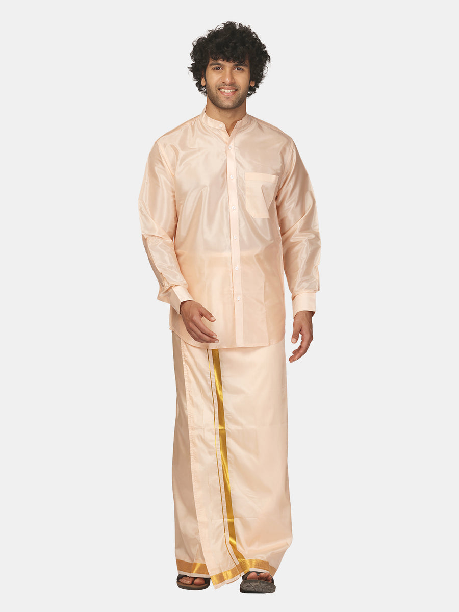 Men Artsilk Mandarin Collar Shirt and Readymade Dhoti Set