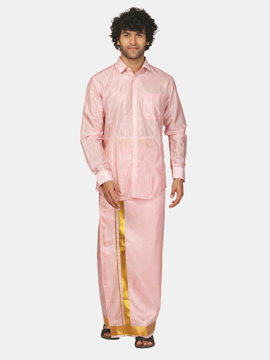Men Solid Colour Artsilk Full Sleeve Shirt Dhoti Set