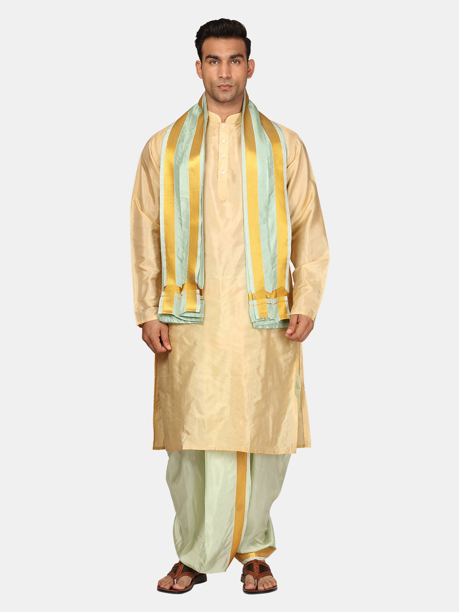 Men Kneelength Kurta With Peach Dhoti Pant With Angavastram.