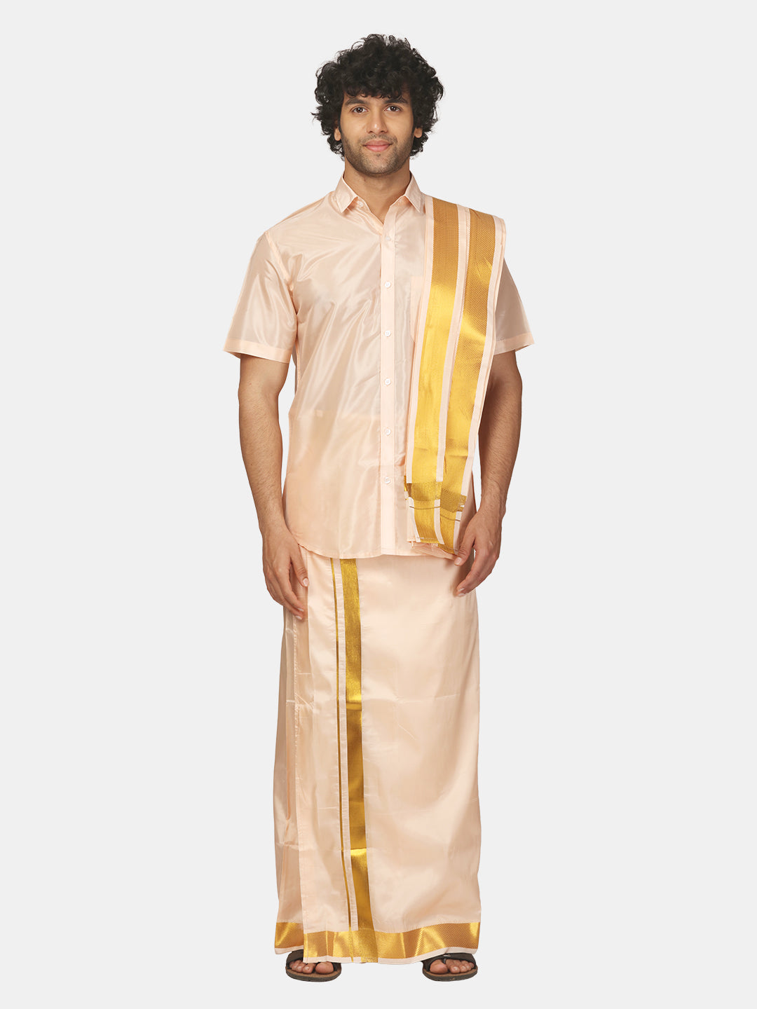 Men Half Sleeve Artsilk Shirt Dhoti Angavastram Set