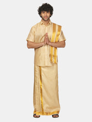 Men Half Sleeve Artsilk Shirt Dhoti Angavastram Set