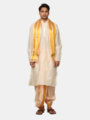 Men Kneelength Kurta With Bronze Dhoti Pant With Angavastram.