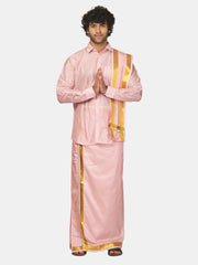 Mens Art Silk Full Sleeve Shirt with Pocket Dhoti and Angavastram Set