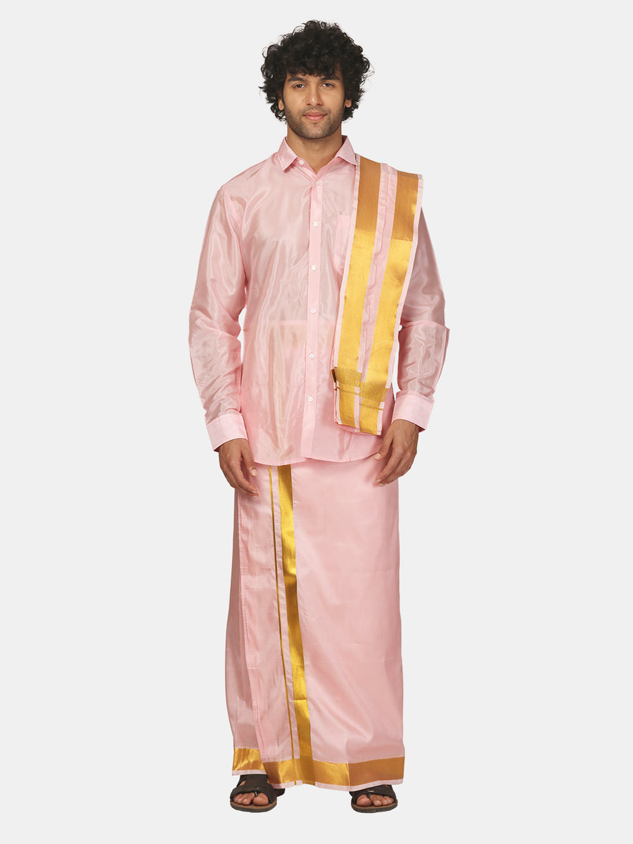 Men Full Sleeve Shirt Angavastram and Pocket Dhoti Set
