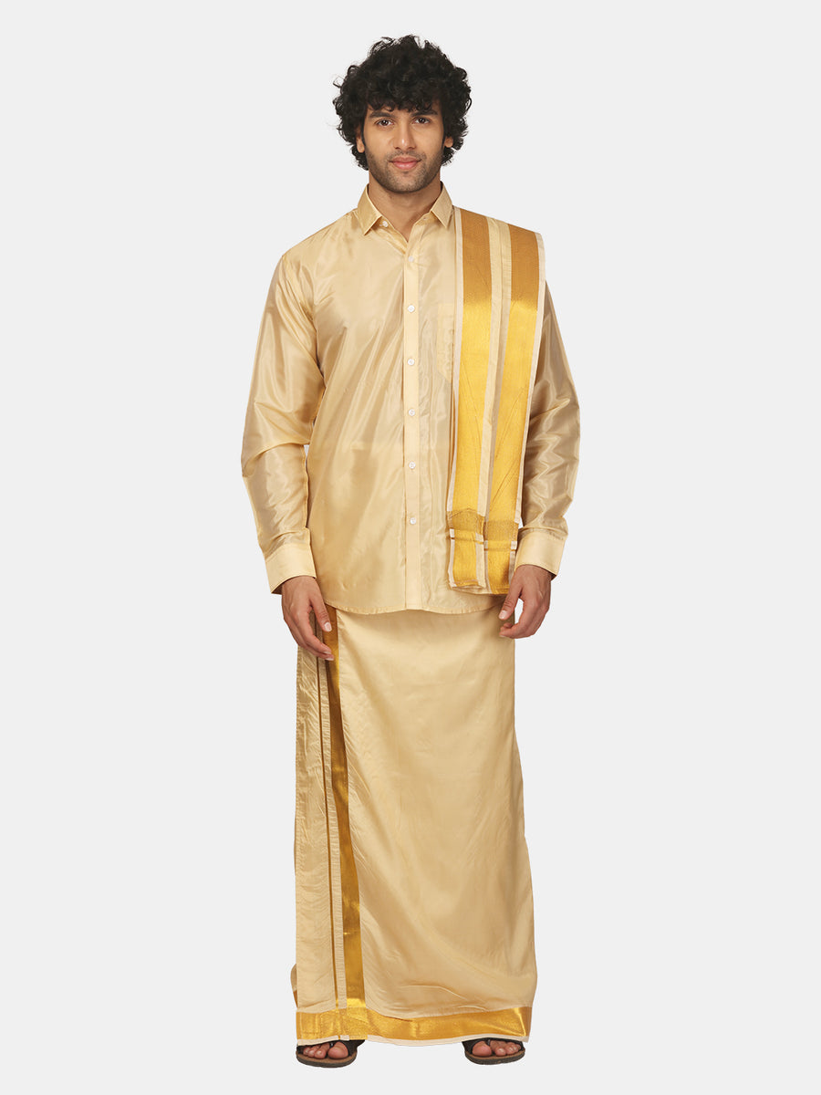 Men Solid Colour Silk Finish Dhoti and Angavastram Set