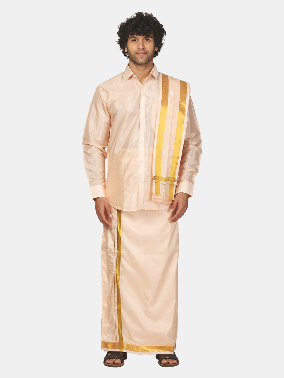 Men Solid Colour Zari Border Pocket Dhoti and Angavastram Set