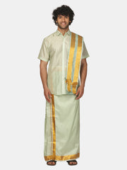 Men Half Sleeve Artsilk Shirt Dhoti Angavastram Set