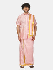 Men Half Sleeve Shirt and Ready to Wear Pocket Dhoti with Angavastram Set
