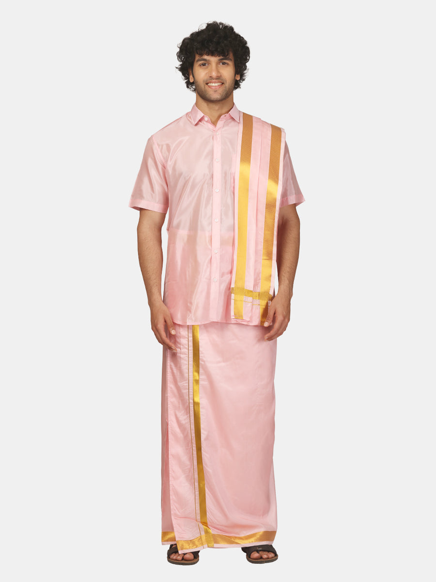 Men Half Sleeve Shirt and Ready to Wear Pocket Dhoti with Angavastram Set