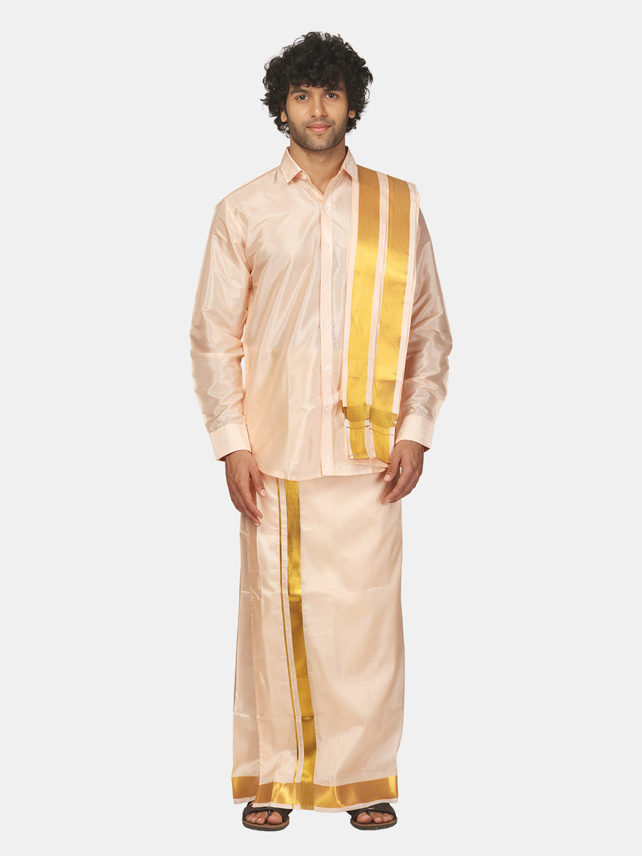 Men Full Sleeve Shirt Angavastram and Pocket Dhoti Set