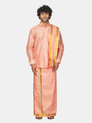 Men Solid Colour Zari Border Readymade Dhoti and Angavastram Set