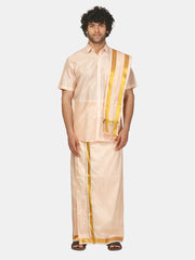 Men Half Sleeve Shirt and Ready to Wear Pocket Dhoti with Angavastram Set