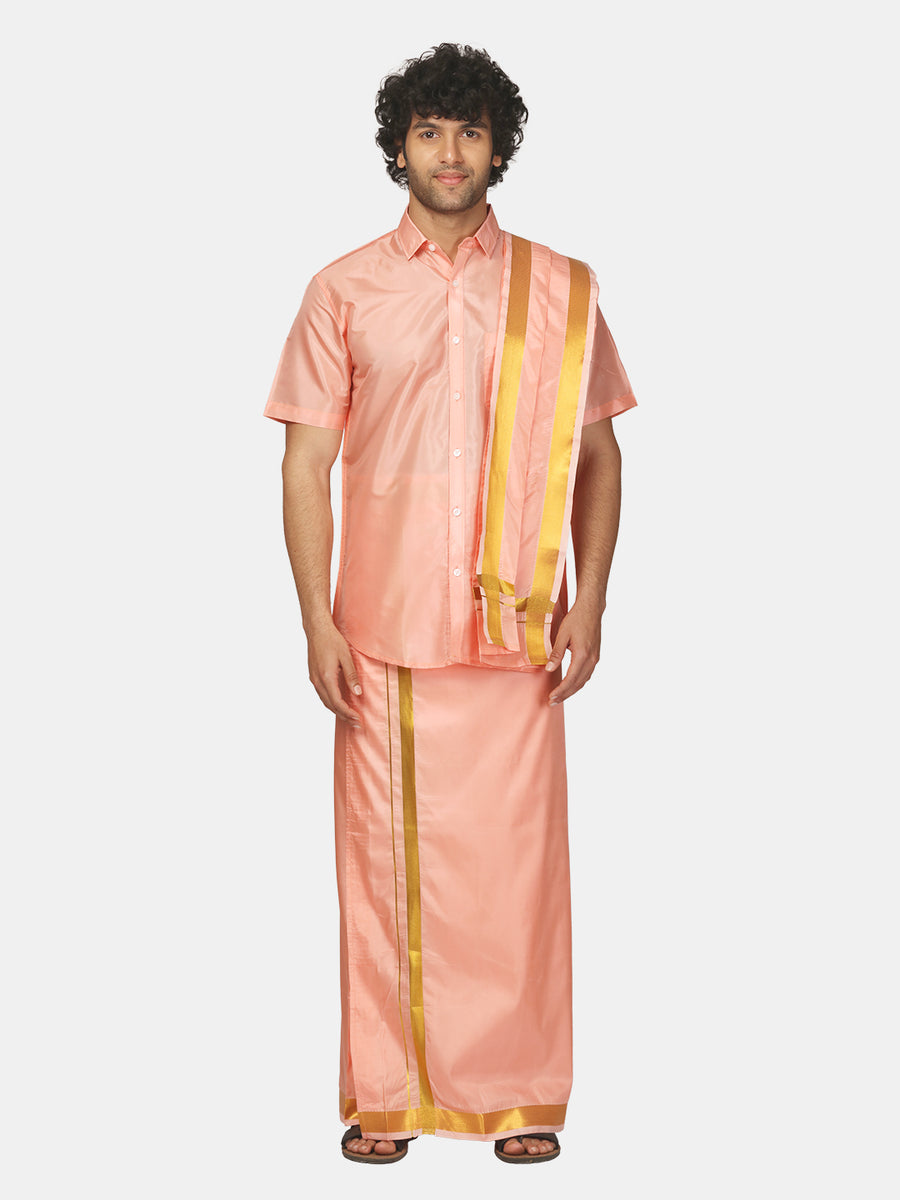 Men Half Sleeve Shirt and Ready to Wear Pocket Dhoti with Angavastram Set