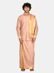 Men Solid Colour Zari Border Readymade Dhoti and Angavastram Set