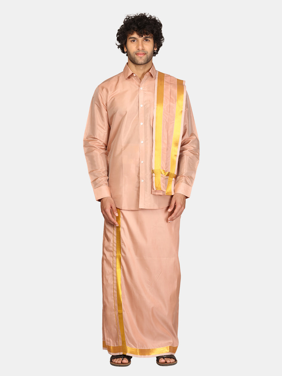Men Solid Colour Zari Border Readymade Dhoti and Angavastram Set
