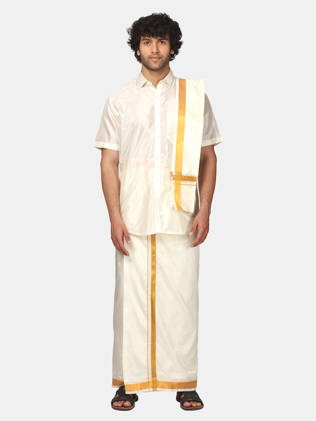 Men Half Sleeve Shirt and Ready to Wear Pocket Dhoti with Angavastram Set