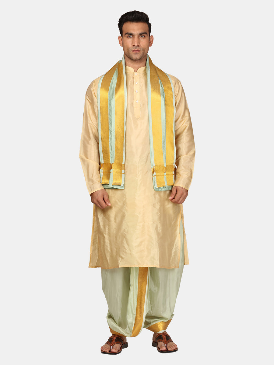 Men Kneelength Kurta With Bronze Dhoti Pant With Angavastram.