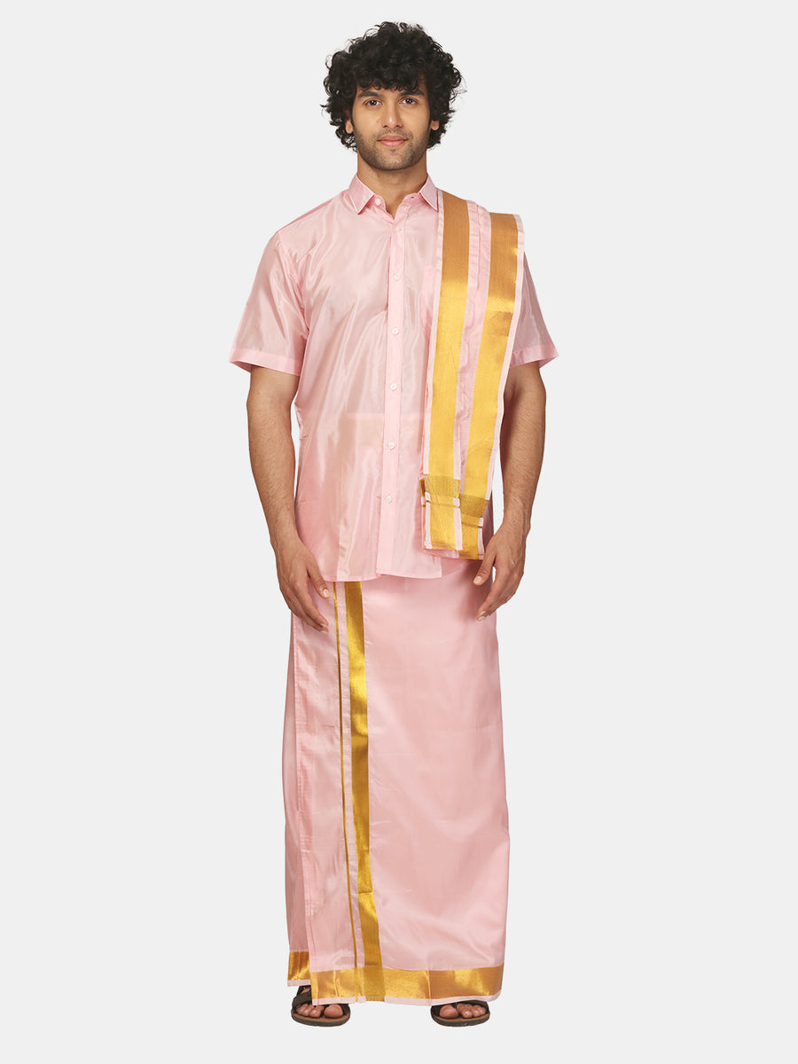Men Half Sleeve Artsilk Shirt Dhoti Angavastram Set