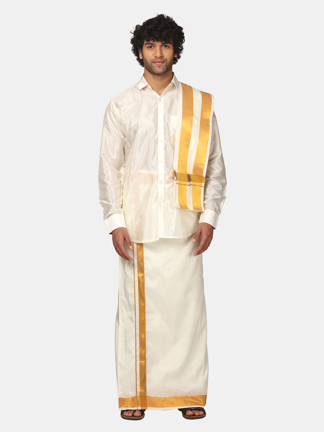 Men Solid Colour Silk Finish Dhoti and Angavastram Set